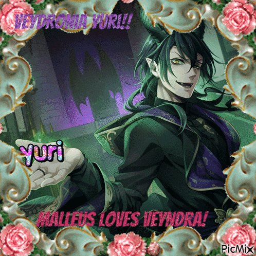 a picture of a man with horns is surrounded by pink roses and says malleus loves ivydra