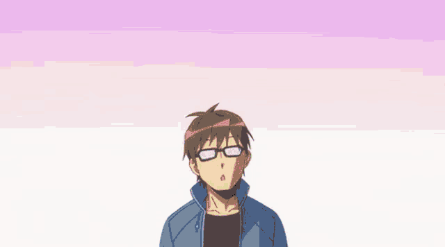 a man with glasses has a pink smoke coming out of his head ..