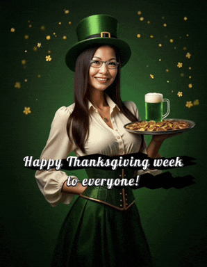 a woman in a leprechaun outfit is holding a plate of food and a beer mug
