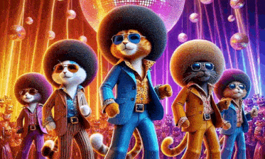 a group of cartoon cats wearing afros and sunglasses are standing in front of a disco ball