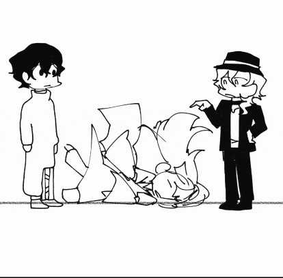 a black and white drawing of two men standing next to each other and a person laying on the ground .
