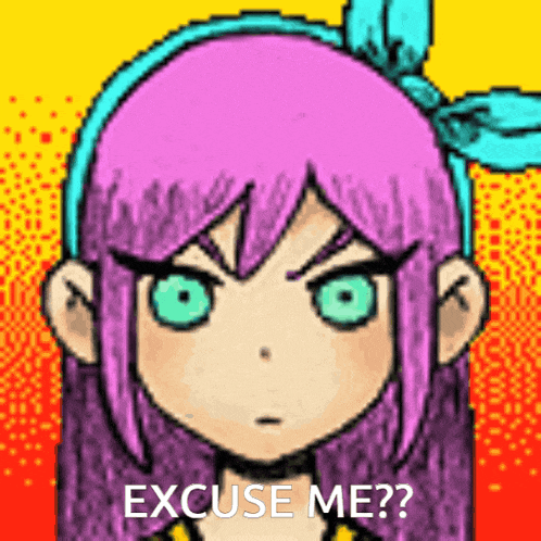 a pixel art of a girl with pink hair and green eyes saying excuse me