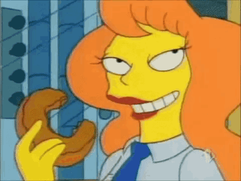 a cartoon of a woman holding a donut and smiling .