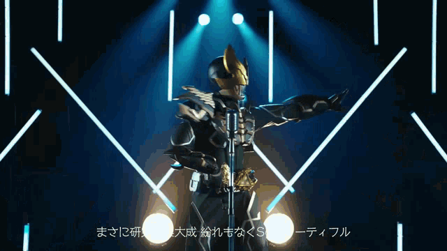 a man in a superhero costume singing into a microphone with chinese writing on the bottom