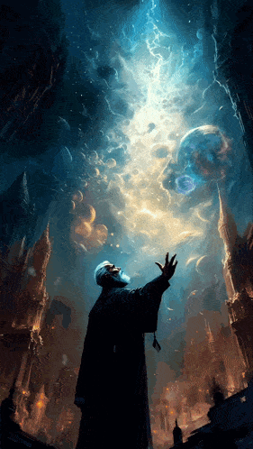 a man in a black robe looks up at the sky