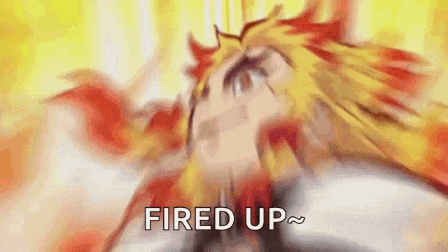 a blurry picture of a person with fire coming out of their mouth and the words `` fired up '' written on it .