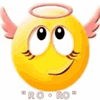 a yellow smiley face with pink wings and a halo around its head .