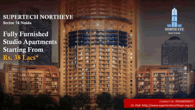 an advertisement for supertech northeye shows a large building in the background