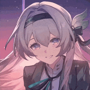 a drawing of a girl with a bow in her hair and a purple background