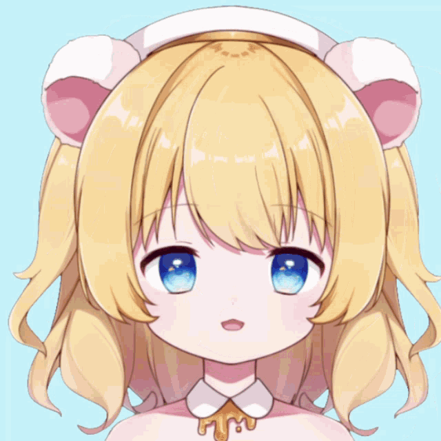 a girl with blonde hair and blue eyes is holding a blue bucket of liquid