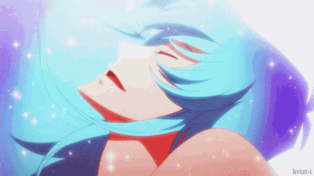 a girl with blue hair is laying down with her eyes closed and the words kvist-i below her
