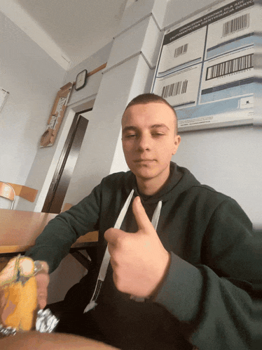 a young man giving a thumbs up in front of a sign that says ' barcode ' on it