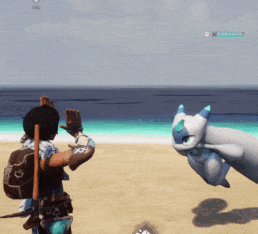 a screenshot of a video game shows a person standing on a beach with a pokemon in the air