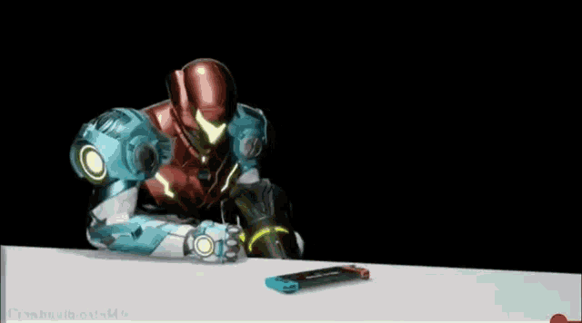 a video game character is standing next to a nintendo switch controller .