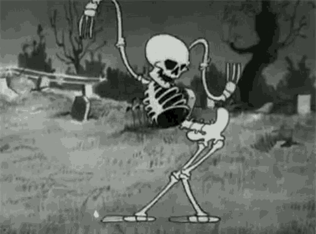 a cartoon skeleton is dancing in a cemetery .