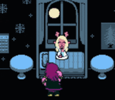 a pixel art of a girl sitting on a bed in a room .