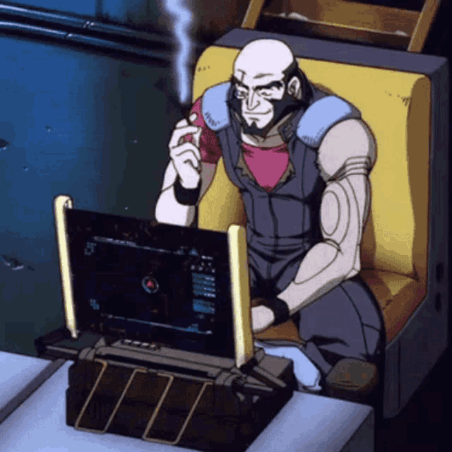 a cartoon character is smoking a cigarette while looking at a computer screen