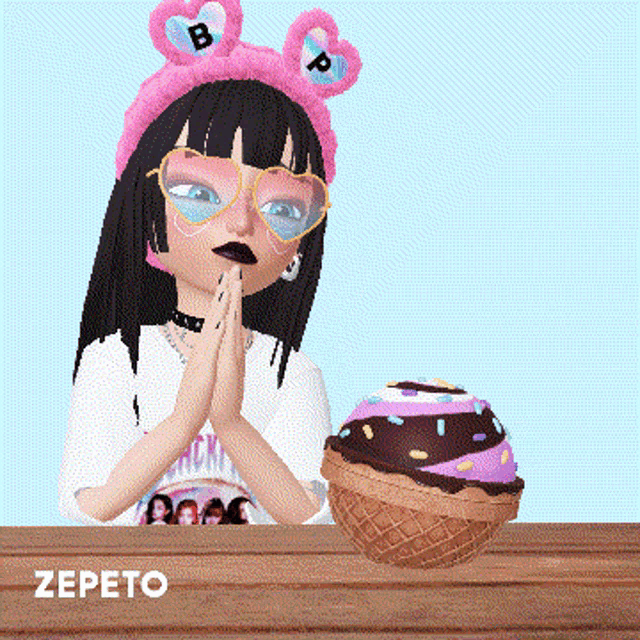 a cartoon girl wearing a pink headband with the letter b on it praying next to a cupcake