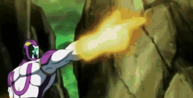 a man in a purple and white suit is holding a fireball in his hand .