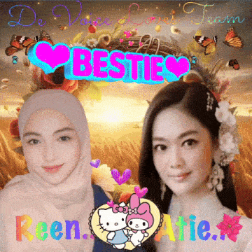 a picture of two women with the words " besties " on top