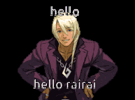 a pixel art of a man in a purple suit says hello rairai