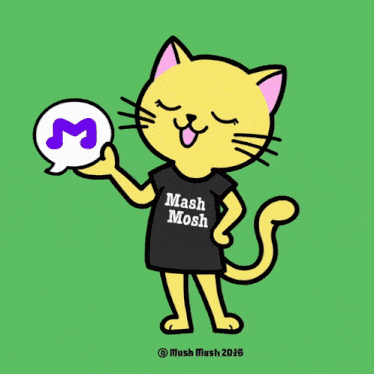 a cartoon cat is wearing a black shirt that says mash mosh