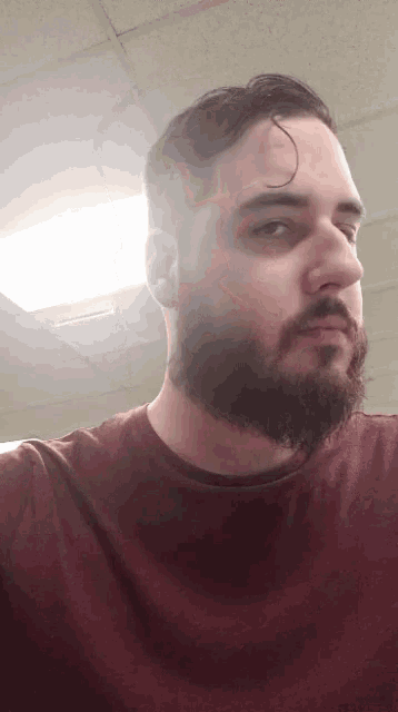 a man with a beard wearing a maroon shirt looks at the camera