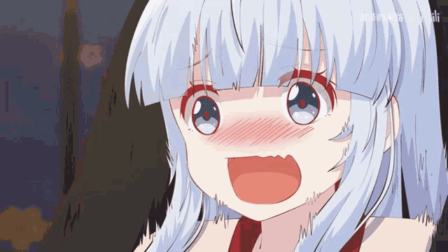 a drawing of a girl with white hair and red eyes is displayed on a screen