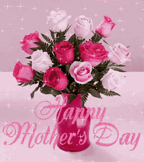 a bouquet of pink and white roses in a vase with the words happy mother 's day