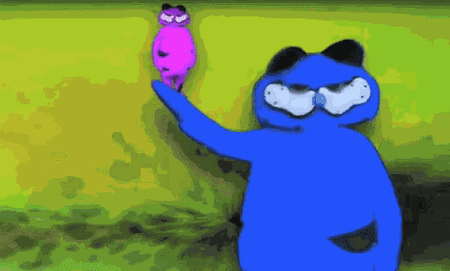 a blue garfield holding a purple garfield in his hand