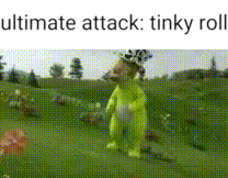 a green teddy bear is standing in a grassy field with the words ultimate attack : tinky roll .