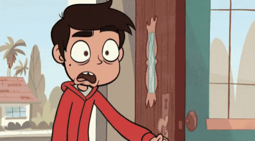 a cartoon character with a surprised look on his face stands in front of a door