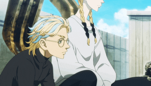 two anime characters are sitting next to each other and one has blue hair
