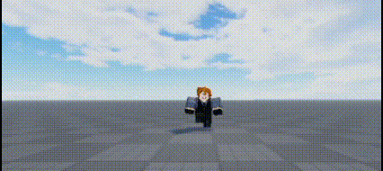 a roblox character is running on a gray surface in front of a blue sky .