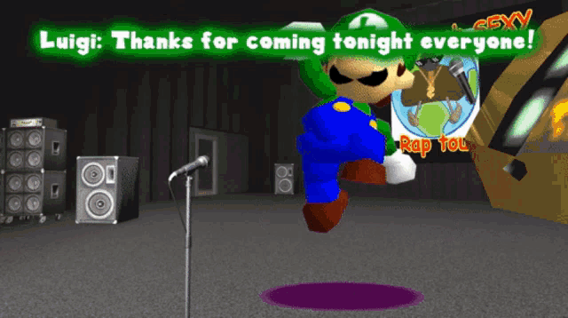 a video game character named luigi is standing in front of a microphone and says thanks for coming tonight everyone