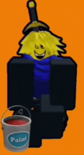 a roblox character is holding a sword and a bucket of paint .