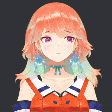 a close up of a girl 's face with orange hair and purple eyes