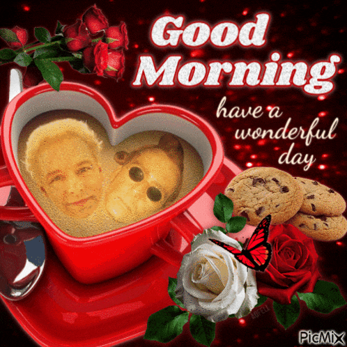a heart shaped cup of coffee with a picture of a couple in it