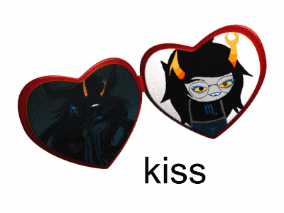 two hearts with a picture of a troll and the word kiss below it