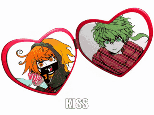a picture of two anime characters with the word kiss below it