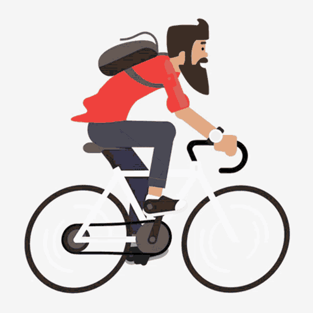 a man with a beard is riding a bike with a backpack
