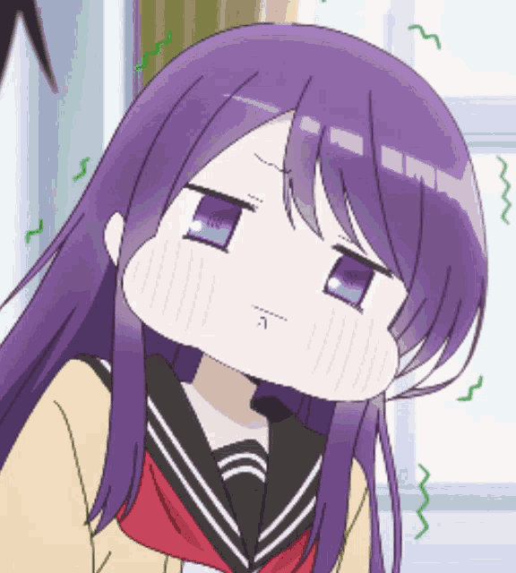 a girl with purple hair is making a funny face with her eyes closed