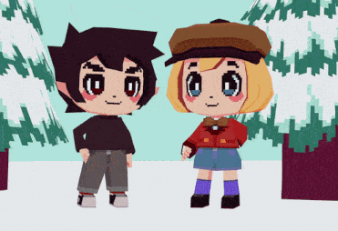 a boy and a girl are standing next to each other in a snowy forest