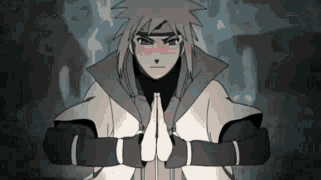 a cartoon character is holding his hands together in a praying position .