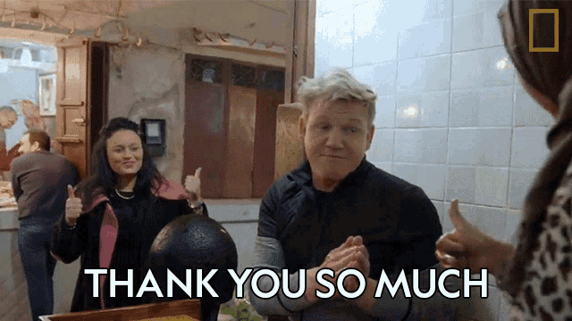 a man giving a thumbs up next to a woman with the words thank you so much below him