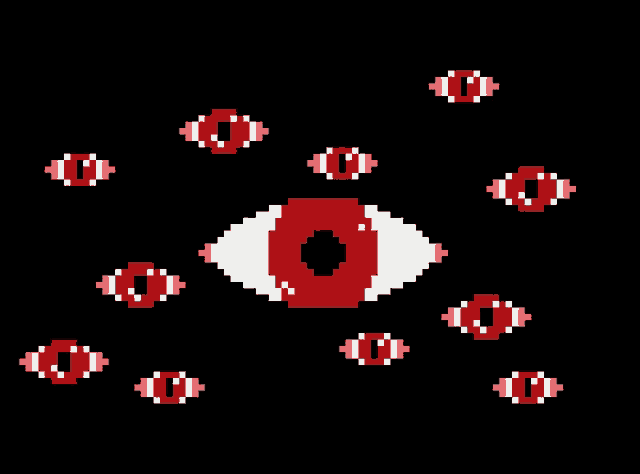 a pixel art of a red eye with a black hole in it