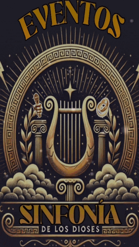 a poster for eventos sinfonia de los dioses with a lyre and columns
