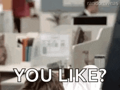 a cat is sitting at a desk in an office and says `` you like '' .