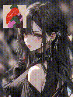 a girl with long black hair is standing next to a picture of a person holding a strawberry .