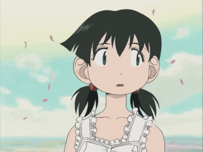 a cartoon girl with pigtails and a white dress is looking at something
